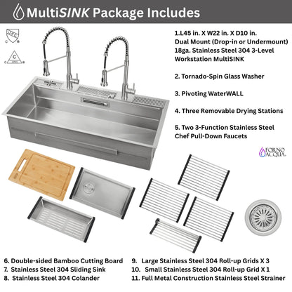 FORNO ACQUA 45 in. Drop-In/Undermount 3-Level Workstation Sink with Two Faucets & Glass Rinser FORNO ACQUA