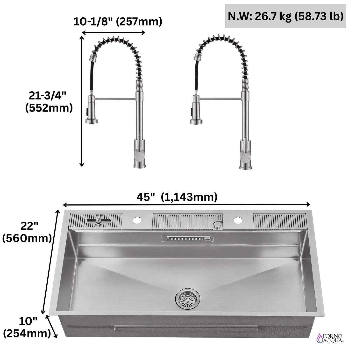 FORNO ACQUA 45 in. Drop-In/Undermount 3-Level Workstation Sink with Two Faucets & Glass Rinser FORNO ACQUA