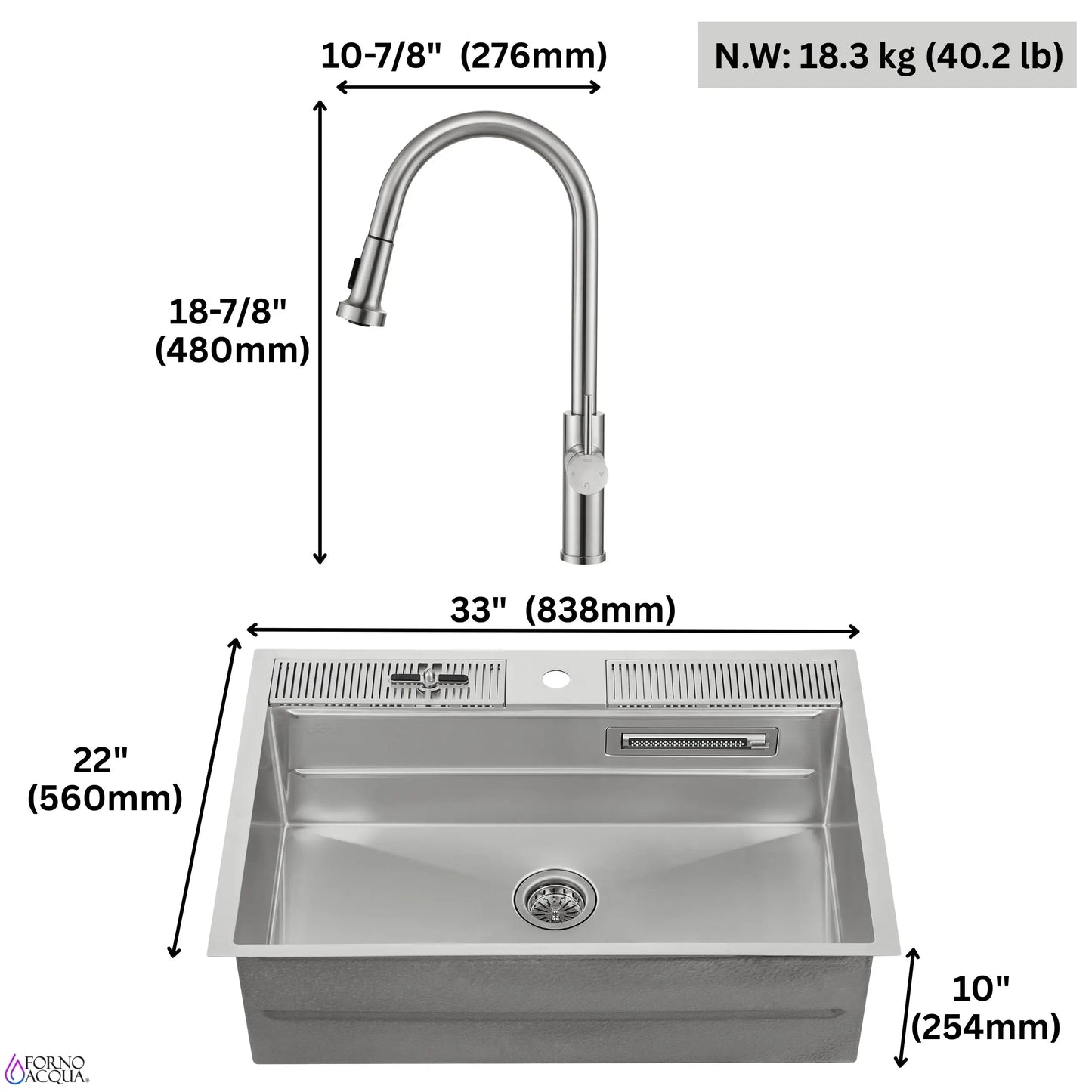 FORNO ACQUA 33 in. Drop-In/Undermount 3-Level Workstation with Retractable Faucet & Glass Rinser FORNO ACQUA