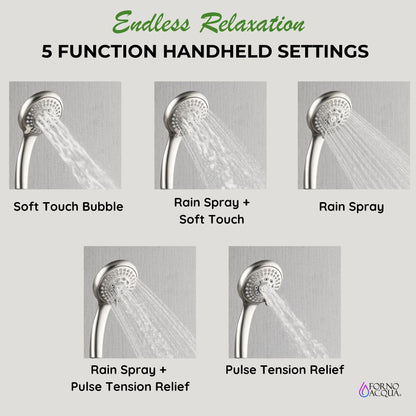 Forno Acqua AcquaFALL Shower, Polished Stainless Steel Finish, Overhead Rainfall Shower, 7 Way Diverter, Handheld Shower Head, Body Jets, FORNO ACQUA