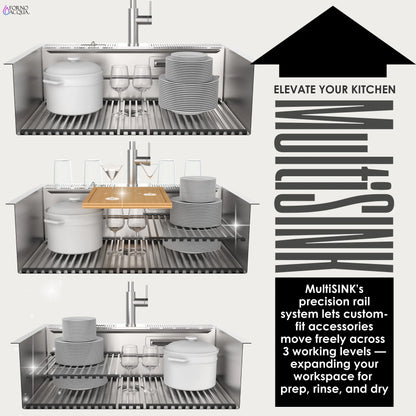 FORNO ACQUA 33 in. Drop-In/Undermount 3 Level Workstation Sink with Faucet, Waterfall & Glass Rinser FORNO ACQUA