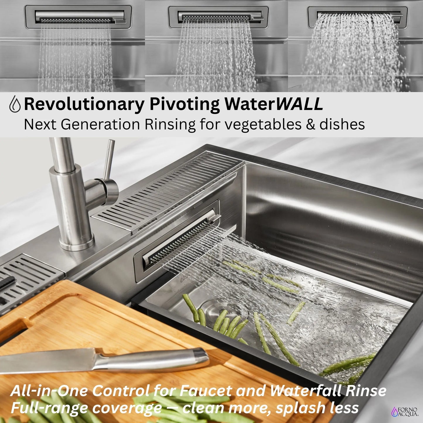 FORNO ACQUA 33 in. Drop-In/Undermount 3-Level Workstation with Retractable Faucet & Glass Rinser FORNO ACQUA