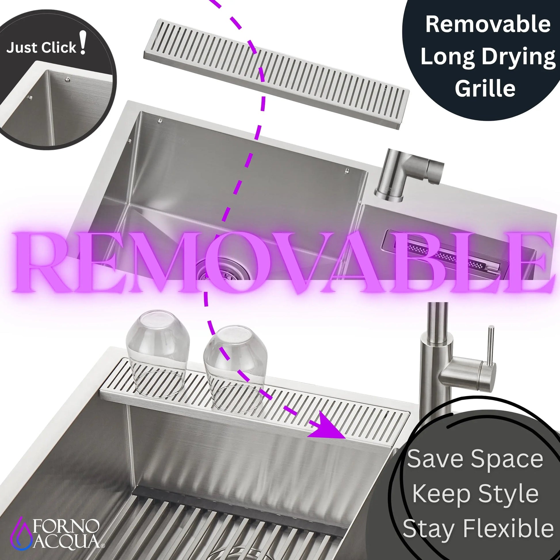 FORNO ACQUA 33 in. Drop-In/Undermount 40/60 Double Bowl Sink with Retractable Faucet & Waterfall FORNO ACQUA