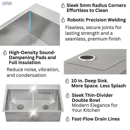 FORNO ACQUA 33 in. Drop-In/Undermount 50/50 Double Bowl Stainless Steel Sink with Faucet & Waterfall FORNO ACQUA