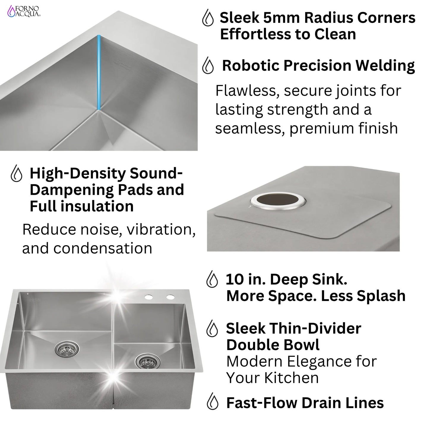 FORNO ACQUA 33 in. Drop-In/Undermount 40/60 Double Bowl Stainless Steel Sink with Waterfall Faucet FORNO ACQUA