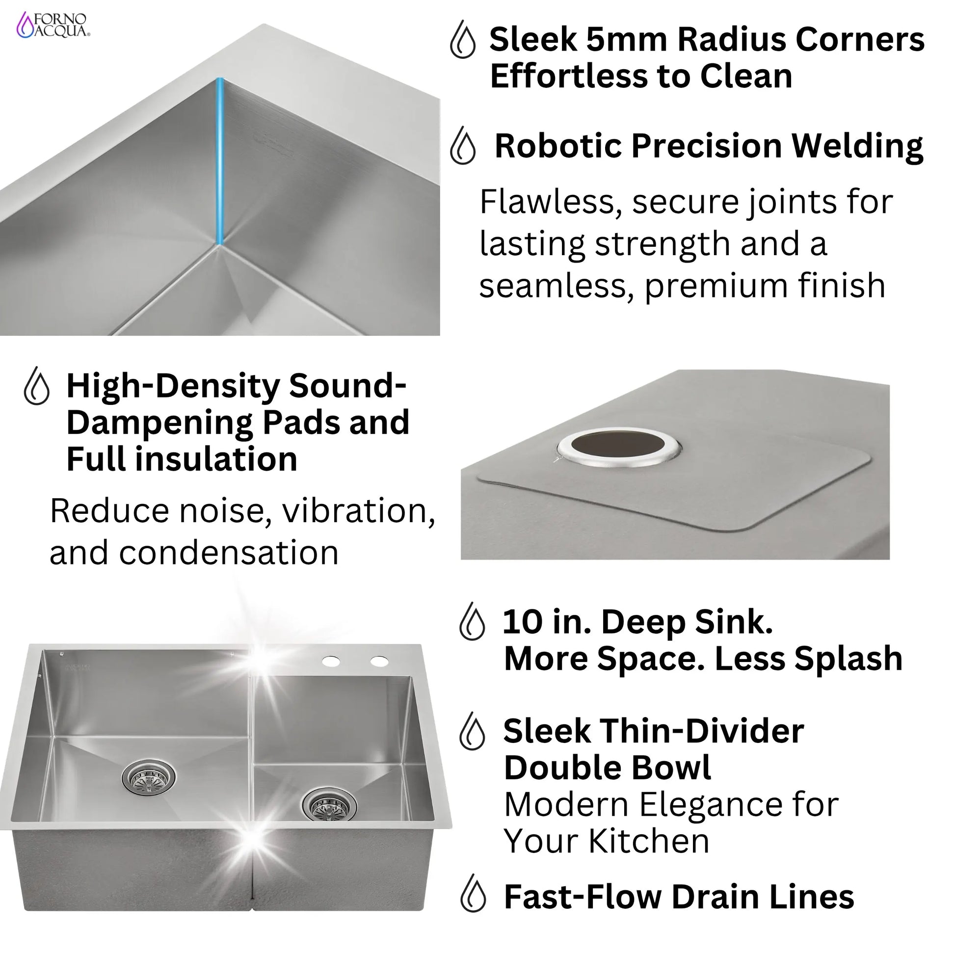 FORNO ACQUA 33 in. Drop-In/Undermount 40/60 Double Bowl Stainless Steel Sink with Waterfall Faucet FORNO ACQUA