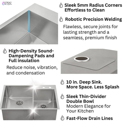 FORNO ACQUA 33 in. Drop-In/Undermount 40/60 Double Bowl Stainless Steel Sink with Waterfall Faucet FORNO ACQUA