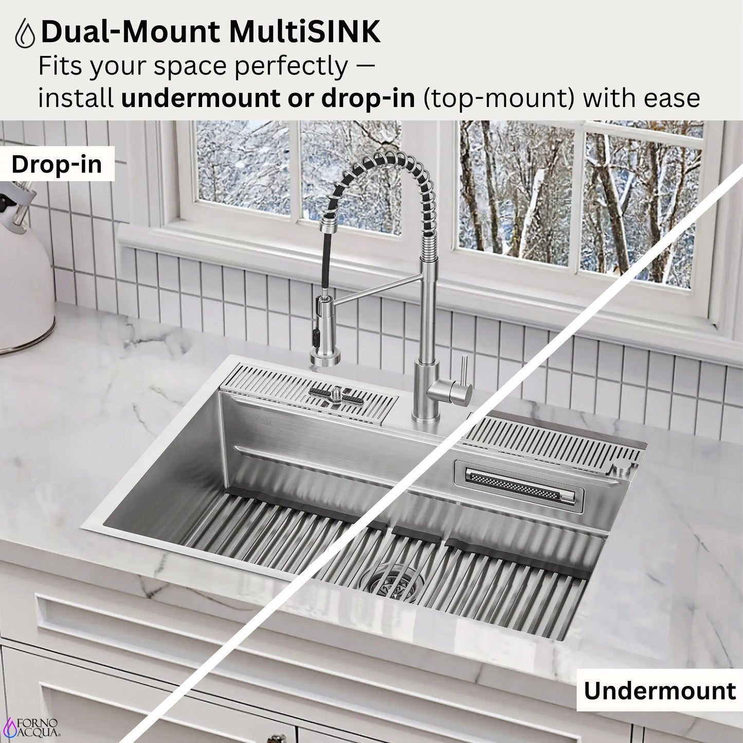 FORNO ACQUA 33 in. Drop-In/Undermount 40/60 Double Bowl Sink with Retractable Faucet & Waterfall FORNO ACQUA