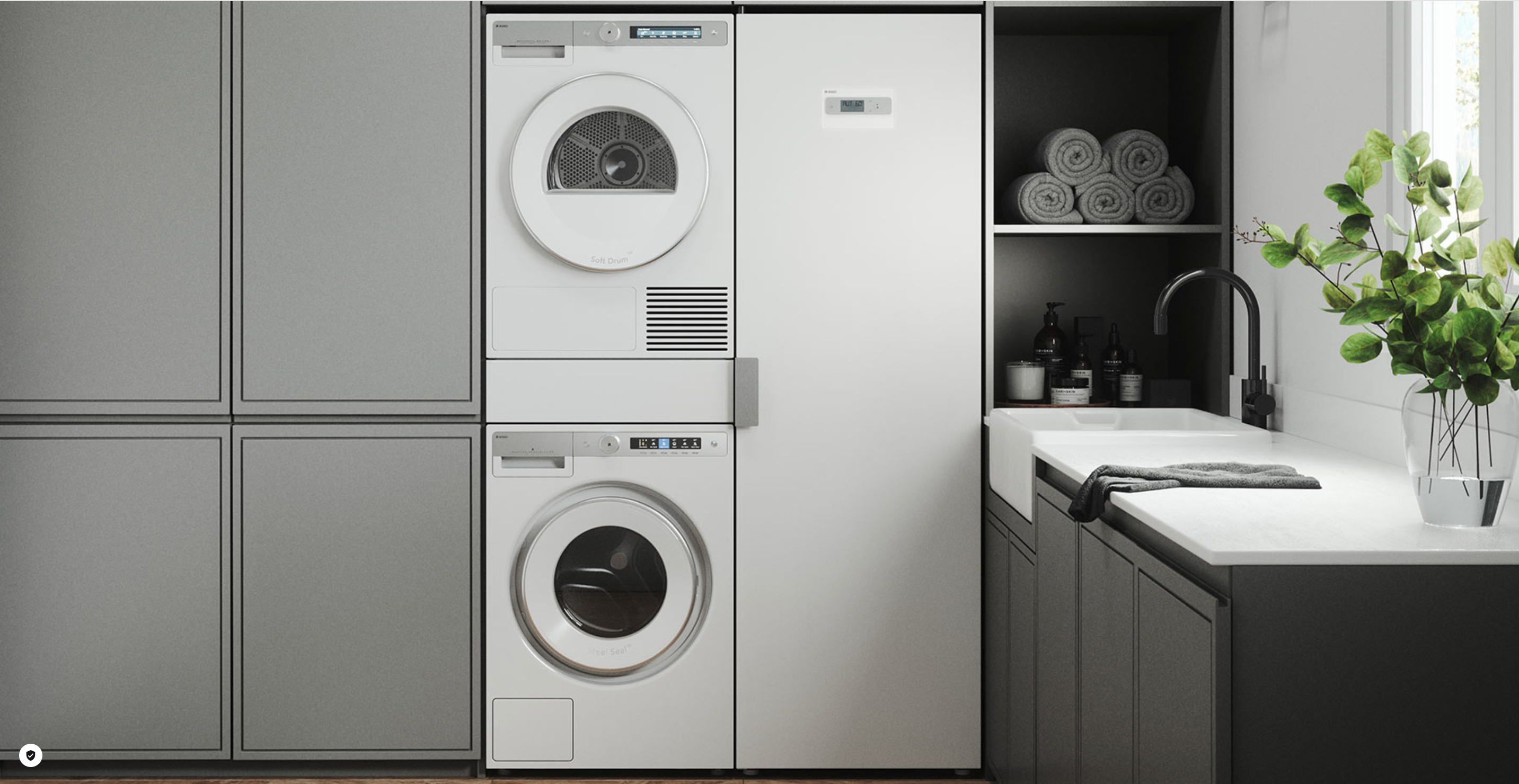 Stackable washer and dryer in a modern kitchen setting
