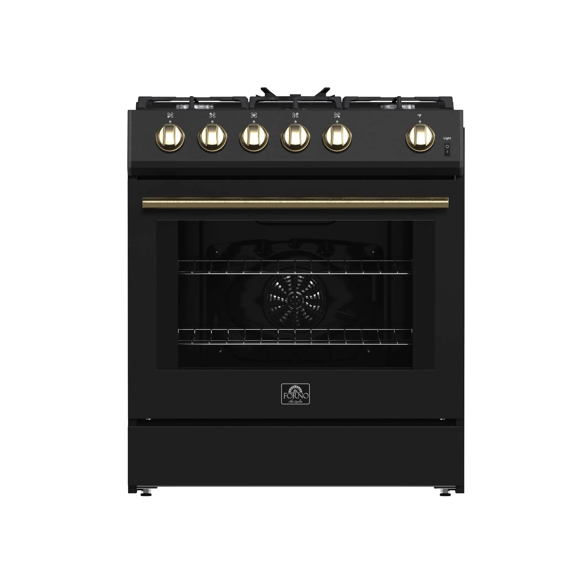 Forno Leonardo Espresso 30-Inch Black Gas Range, 5 Burners, 39,500 BTU, 5 cu.ft Convection Oven FORNO