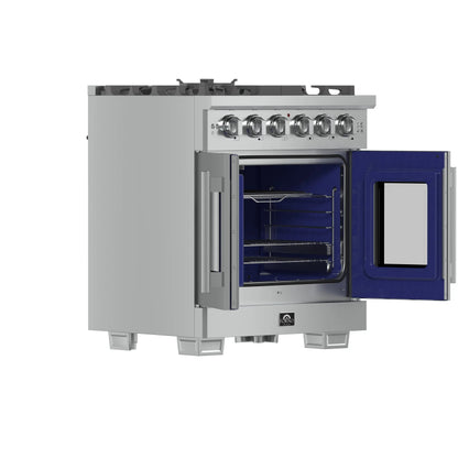 Forno Capriasca 30-Inch Freestanding French Door Gas Range, 4 Burners, Convection Oven, Energy Efficient FORNO