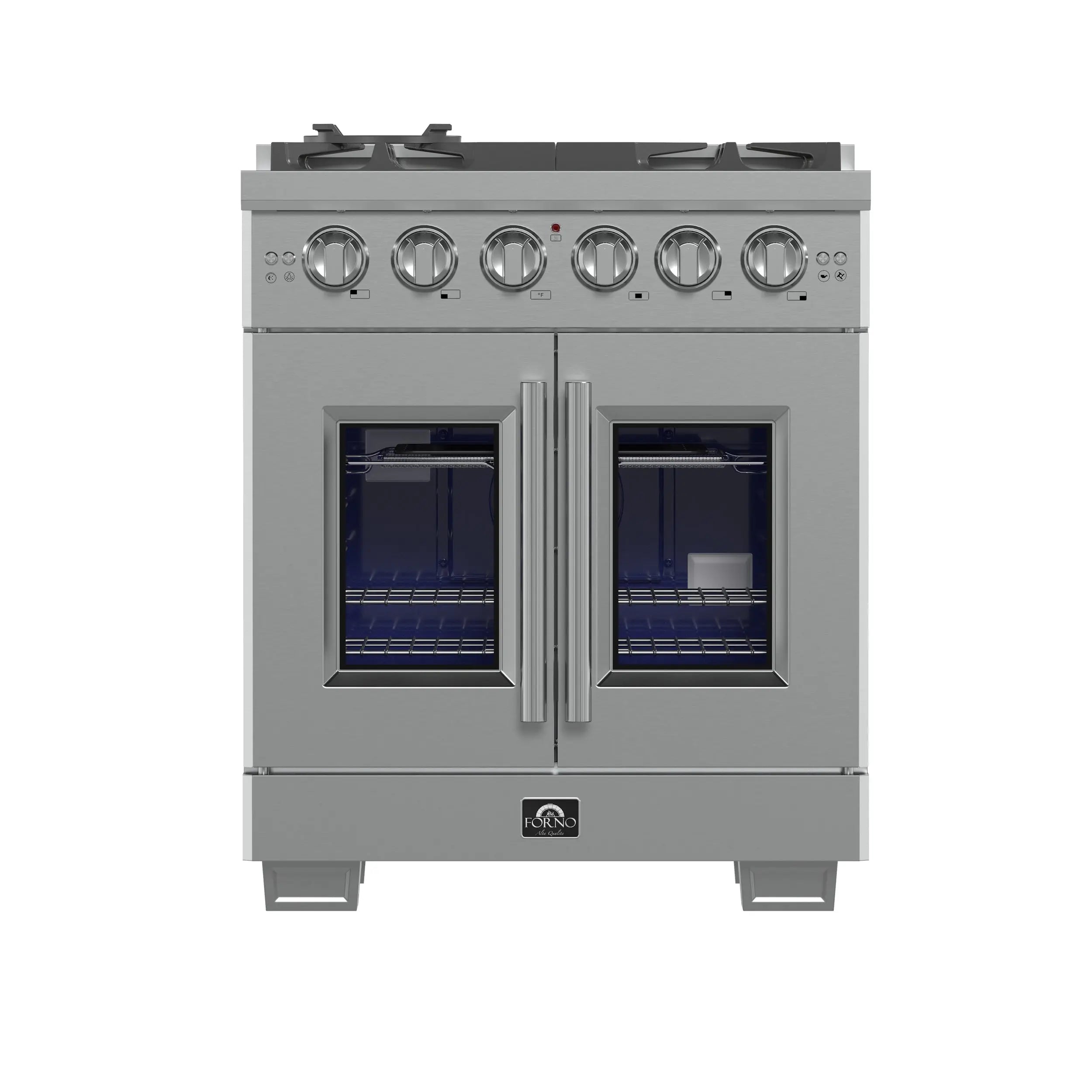 Forno Capriasca 30-Inch Freestanding French Door Gas Range, 4 Burners, Convection Oven, Energy Efficient FORNO