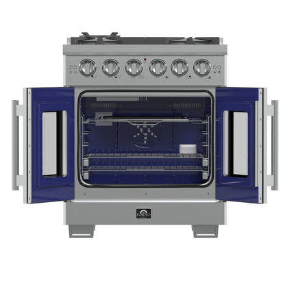 Forno Capriasca 30-Inch Freestanding French Door Gas Range, 4 Burners, Convection Oven, Energy Efficient FORNO