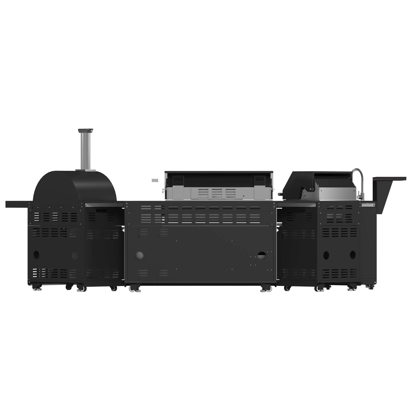 Forno All’Aperto 99,600 BTU Outdoor Kitchen, 5 Burners, Infrared Burners, Side Burner, Black Sintered Stone Countertops, Gas Pizza Oven, FORNO