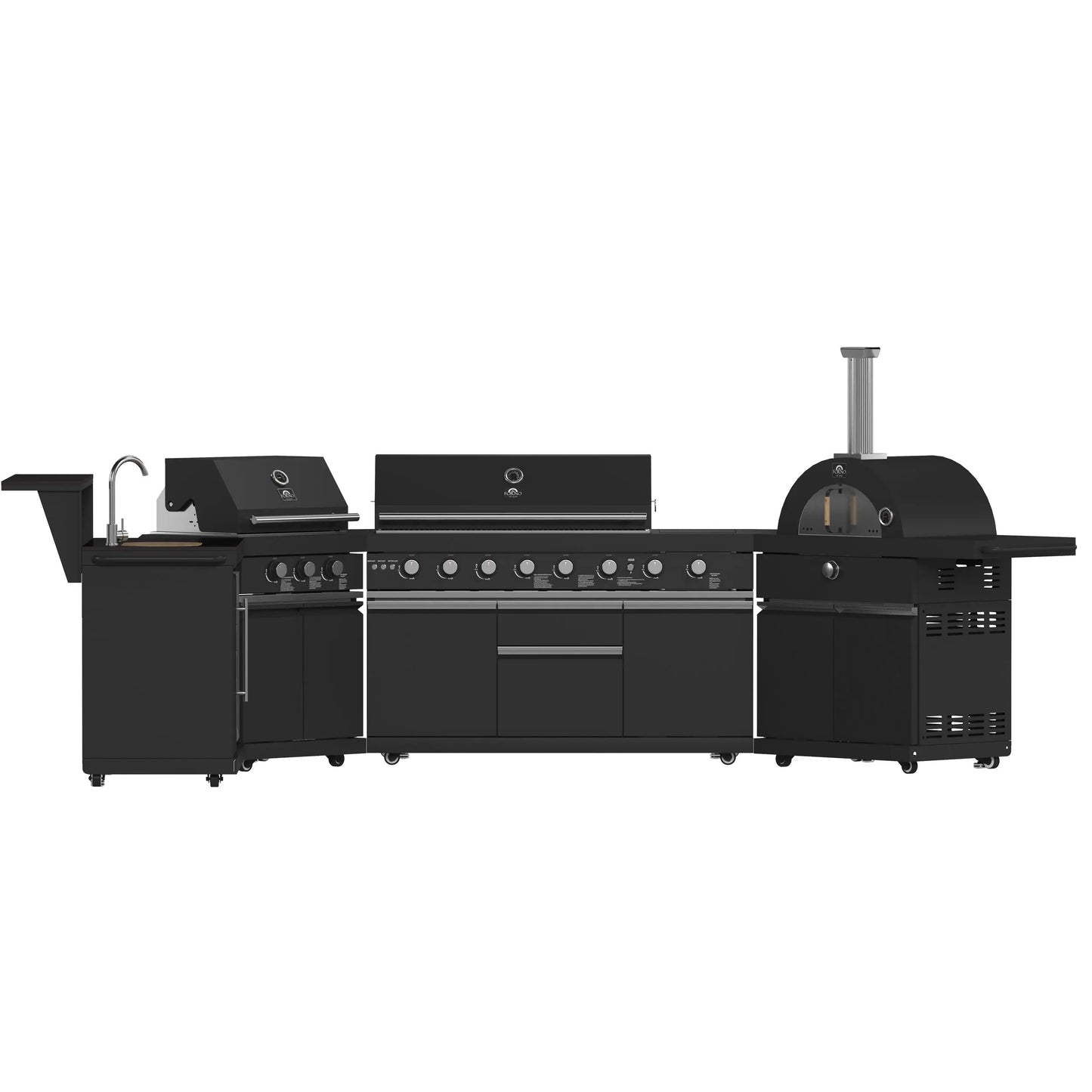 Forno All’Aperto 99,600 BTU Outdoor Kitchen, 5 Burners, Infrared Burners, Side Burner, Black Sintered Stone Countertops, Gas Pizza Oven, FORNO