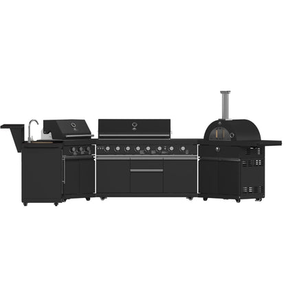 Forno All’Aperto 99,600 BTU Outdoor Kitchen, 5 Burners, Infrared Burners, Side Burner, Black Sintered Stone Countertops, Gas Pizza Oven, FORNO