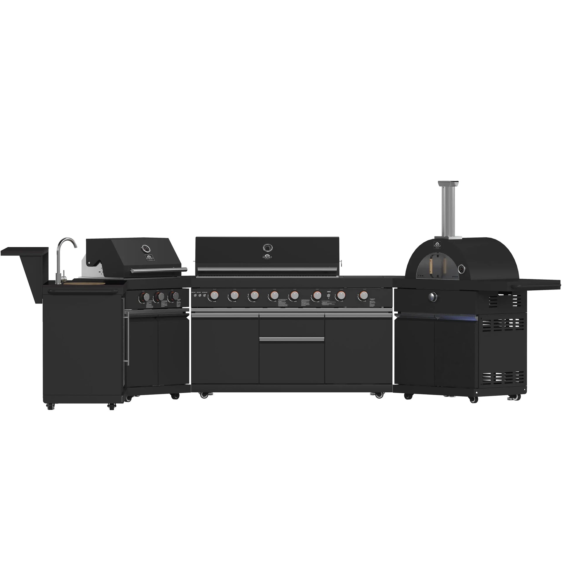 Forno All’Aperto 99,600 BTU Outdoor Kitchen, 5 Burners, Infrared Burners, Side Burner, Black Sintered Stone Countertops, Gas Pizza Oven, FORNO