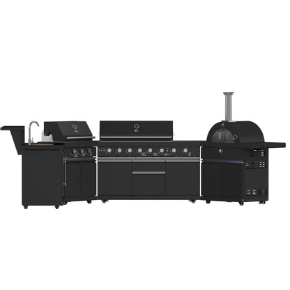 Forno All’Aperto 99,600 BTU Outdoor Kitchen, 5 Burners, Infrared Burners, Side Burner, Black Sintered Stone Countertops, Gas Pizza Oven, FORNO