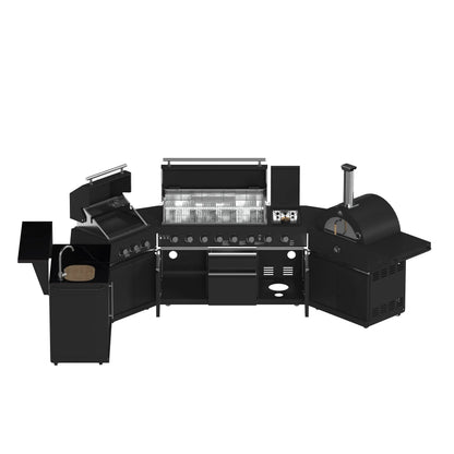 Forno All’Aperto 99,600 BTU Outdoor Kitchen, 5 Burners, Infrared Burners, Side Burner, Black Sintered Stone Countertops, Gas Pizza Oven, FORNO