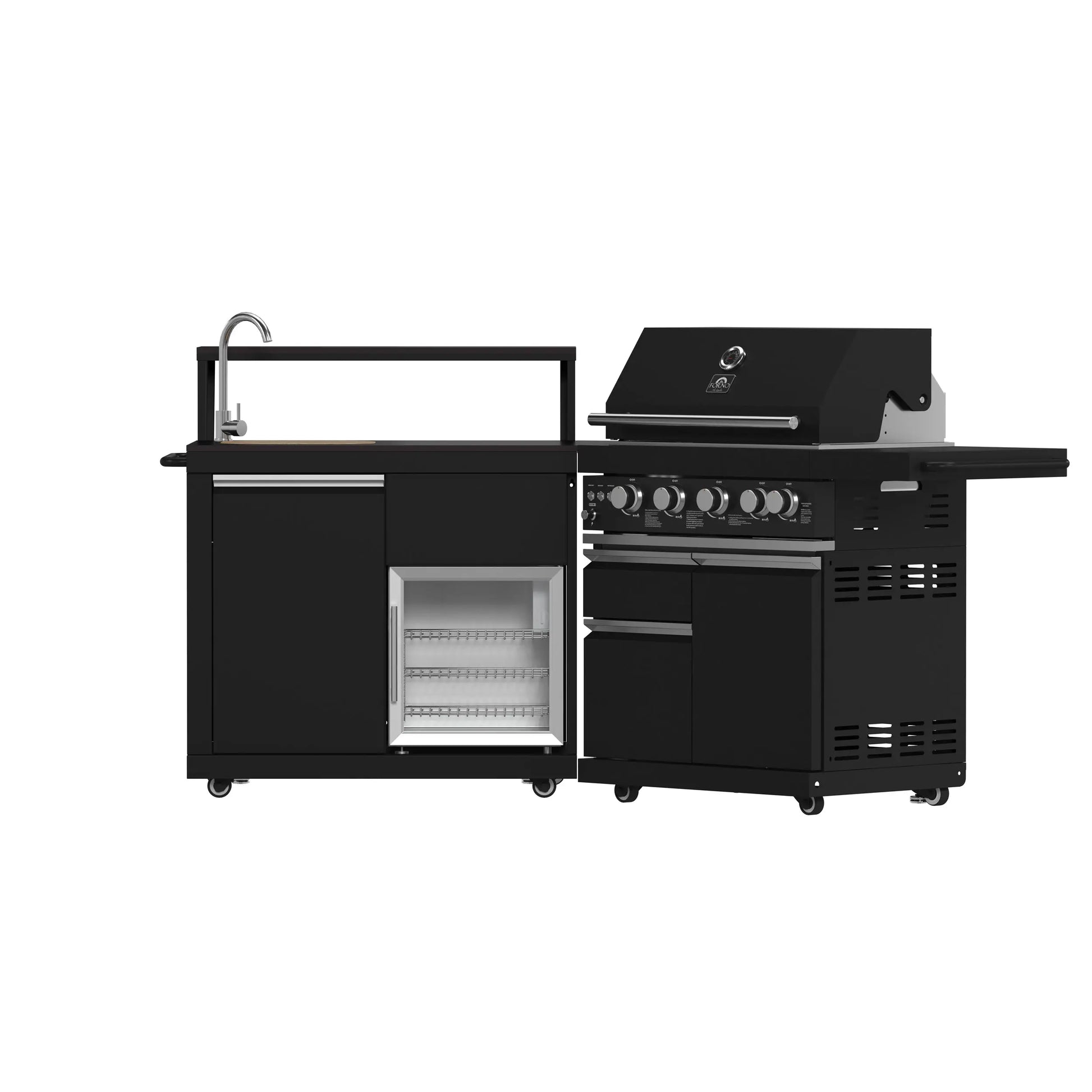 Forno All’Aperto 62,600 BTU BBQ, 3 Stainless Steel Burners, Infrared Burners, Sink Module, Black Sintered Stone Countertops, Bar and Beverage Center FORNO