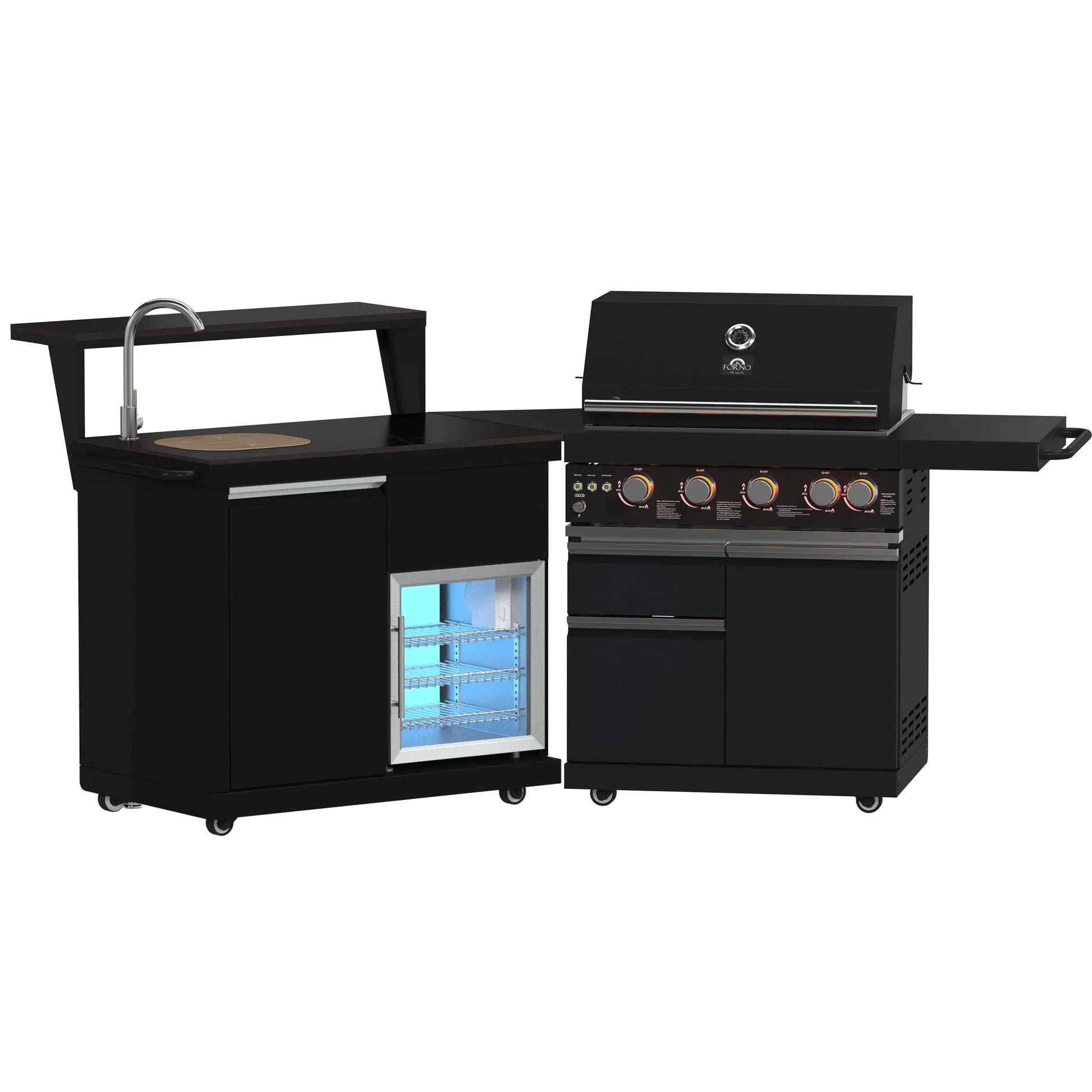 Forno All’Aperto 62,600 BTU BBQ, 3 Stainless Steel Burners, Infrared Burners, Sink Module, Black Sintered Stone Countertops, Bar and Beverage Center FORNO