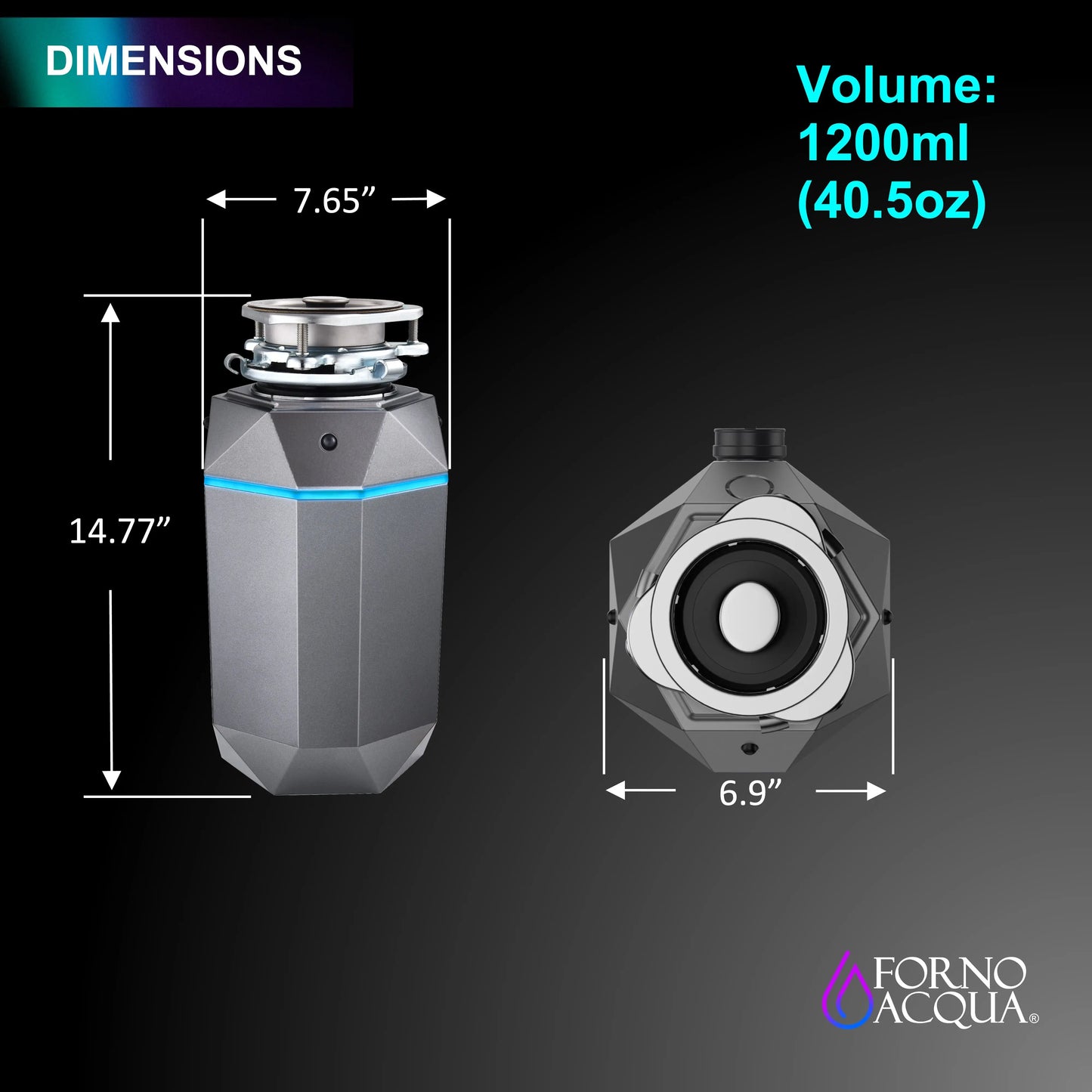 FORNO ACQUA BrightDIAMOND Black Onyx 3/4HP Super Quiet Garbage Disposal Corded with Motion Sensor Cabinet Light & Pre-Wired Air Switch FORNO ACQUA