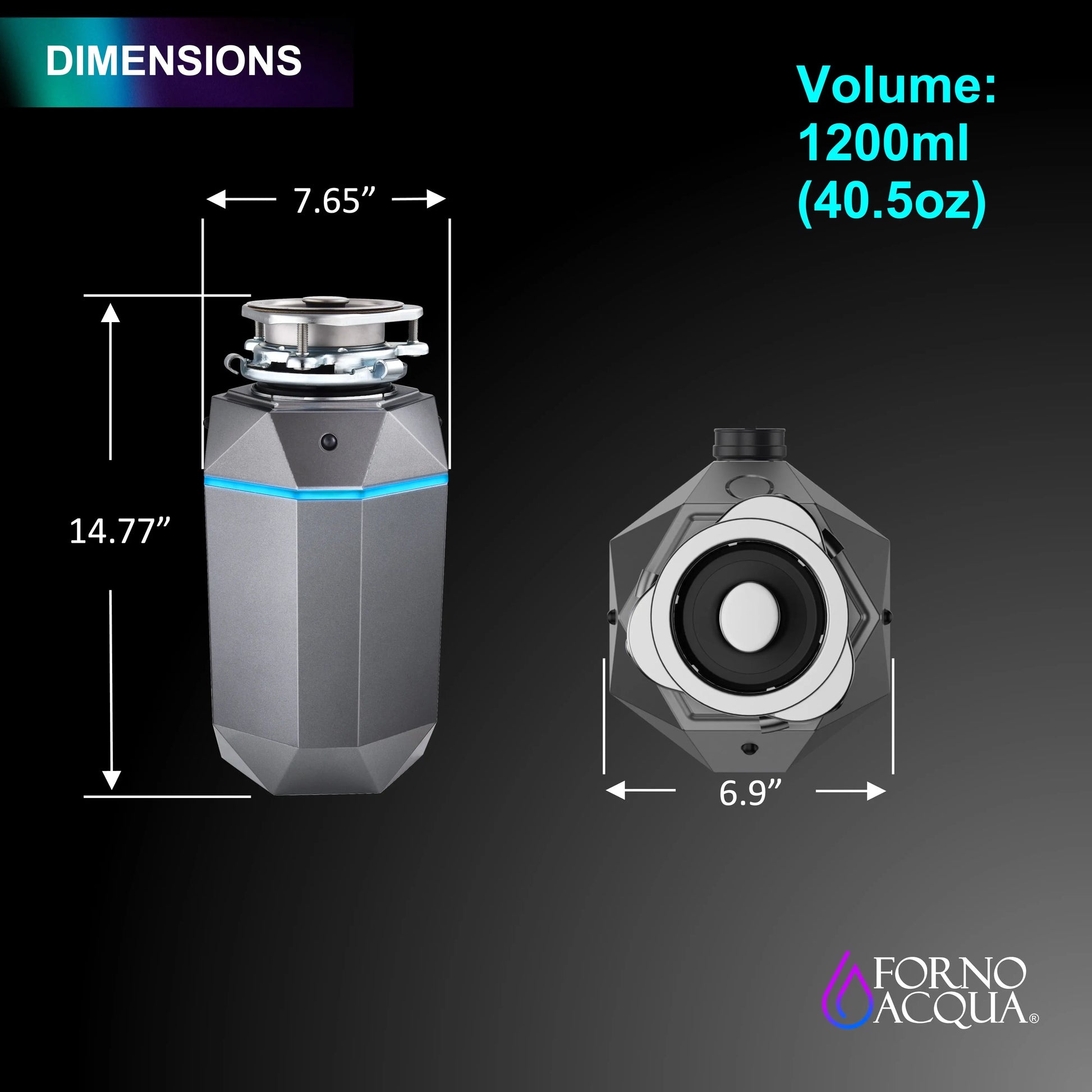 FORNO ACQUA BrightDIAMOND Black Onyx 3/4HP Super Quiet Garbage Disposal Corded with Motion Sensor Cabinet Light & Pre-Wired Air Switch FORNO ACQUA