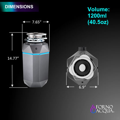 FORNO ACQUA BrightDIAMOND Black Onyx 3/4HP Super Quiet Garbage Disposal Corded with Motion Sensor Cabinet Light & Pre-Wired Air Switch FORNO ACQUA