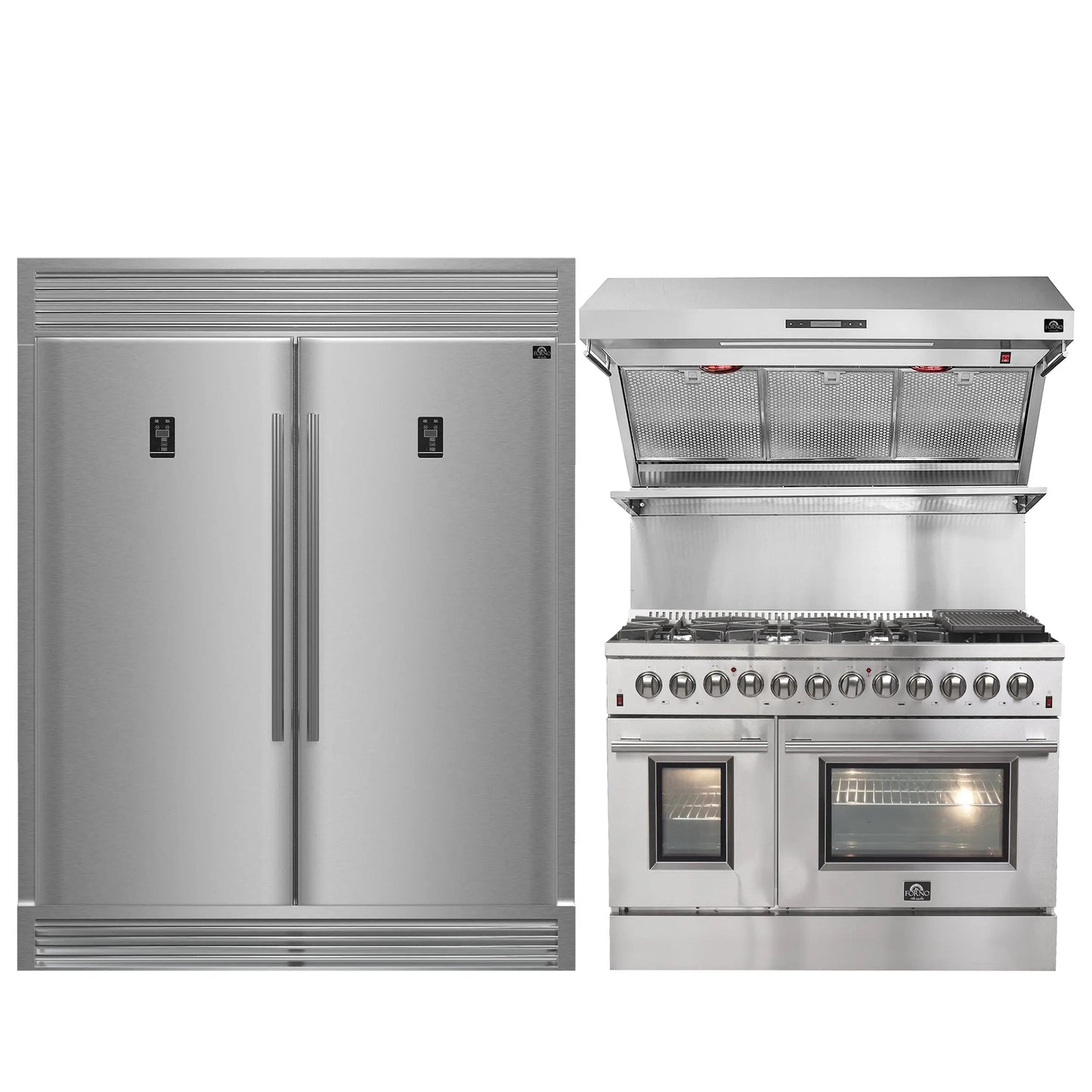 FORNO Premium 3-Piece Kitchen Bundle - FORNO Galiano 48" Freestanding Dual Fuel Range, FORNO Rizzuto 60" W. Dual Combo Convertible Refrigerator, FORNO 48" Wall Mount Range Hood - FBDL-017-02US Forno vendors US