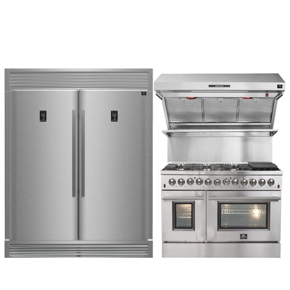 FORNO Premium 3-Piece Kitchen Bundle - FORNO Galiano 48" Freestanding Dual Fuel Range, FORNO Rizzuto 60" W. Dual Combo Convertible Refrigerator, FORNO 48" Wall Mount Range Hood - FBDL-017-02US Forno vendors US