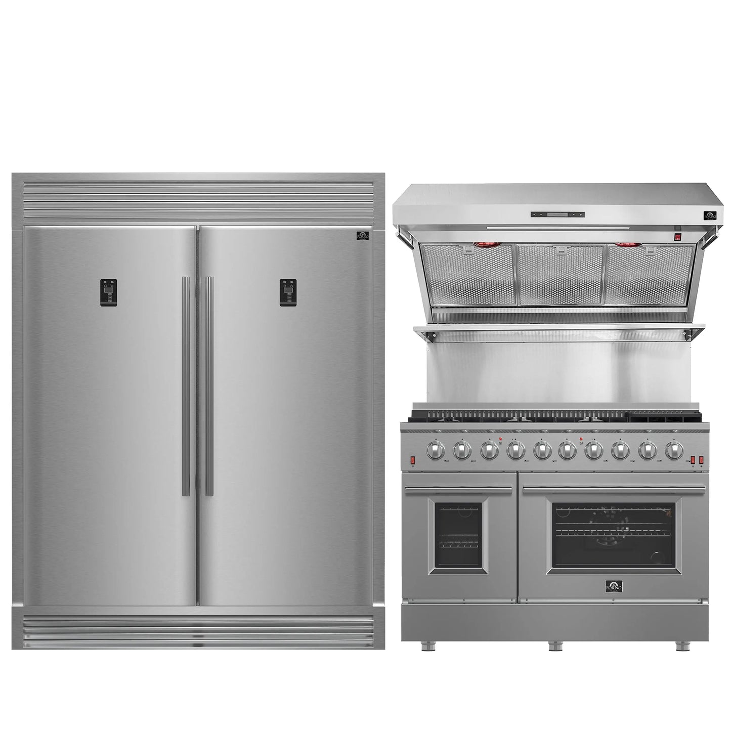 FORNO Premium 3-Piece Kitchen Bundle - FORNO Galiano 48" Freestanding Gas Range, FORNO Rizzuto 60" W. Dual Combo Convertible Refrigerator, FORNO 48" Wall Mount Range Hood - FBDL-018-02US Forno vendors US