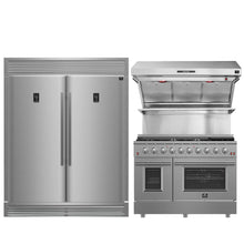 FORNO Premium 3-Piece Kitchen Bundle - FORNO Galiano 48" Freestanding Gas Range, FORNO Rizzuto 60" W. Dual Combo Convertible Refrigerator, FORNO 48" Wall Mount Range Hood - FBDL-018-02US Forno vendors US
