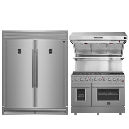 FORNO Premium 3-Piece Kitchen Bundle - FORNO Galiano 48" Freestanding Gas Range, FORNO Rizzuto 60" W. Dual Combo Convertible Refrigerator, FORNO 48" Wall Mount Range Hood - FBDL-018-02US Forno vendors US