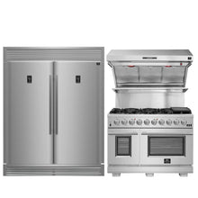 FORNO Premium 3-Piece Kitchen Bundle - FORNO Capriasca 48" Freestanding Gas Range, FORNO Rizzuto 60" W. Dual Combo Convertible Refrigerator, FORNO 48" Wall Mount Range Hood - FBDL-019-05US Forno vendors US