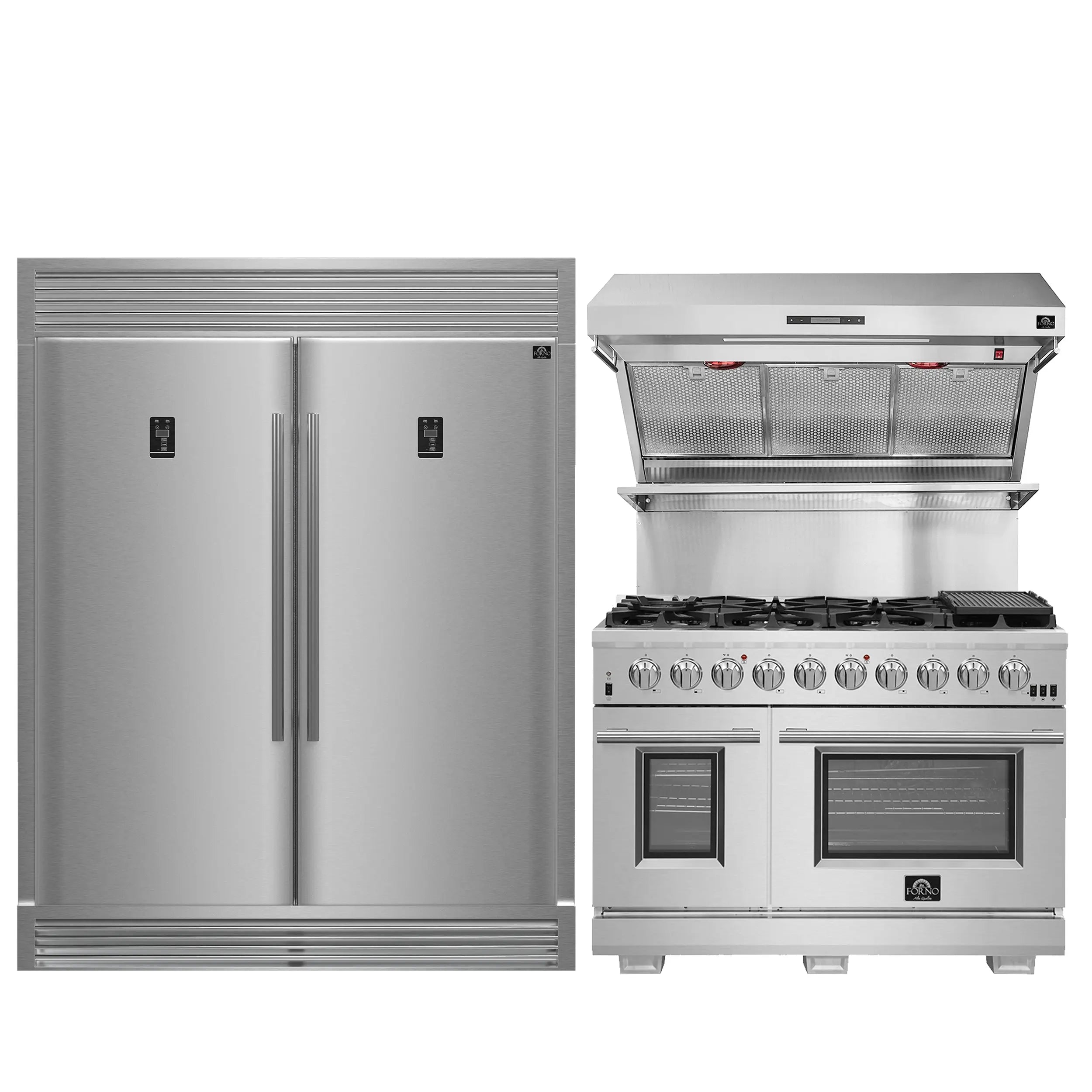 FORNO Premium 3-Piece Kitchen Bundle - FORNO Capriasca 48" Freestanding Gas Range, FORNO Rizzuto 60" W. Dual Combo Convertible Refrigerator, FORNO 48" Wall Mount Range Hood - FBDL-019-05US Forno vendors US