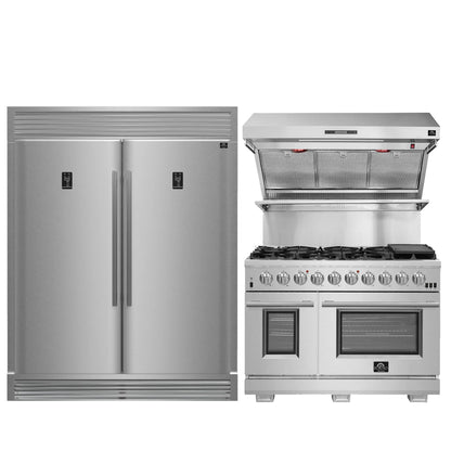 FORNO Premium 3-Piece Kitchen Bundle - FORNO Capriasca 48" Freestanding Gas Range, FORNO Rizzuto 60" W. Dual Combo Convertible Refrigerator, FORNO 48" Wall Mount Range Hood - FBDL-019-05US Forno vendors US