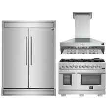 FORNO Premium 3-Piece Kitchen Bundle - FORNO Capriasca 48" Freestanding Gas Range, FORNO Maderno 60" 2-Piece Convertible Refrigerator/Freezer Built-In with Decorative Grill Trim, 27.2 cu.ft., FORNO Orvieto 48" Wall Mount Range Hood - FBDL-019-07CAUS Forno vendors US