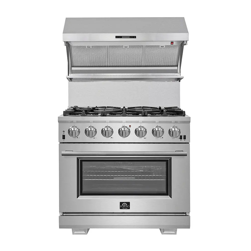 Forno Capriasca 36-Inch Gas Range, Stainless Steel, 6 Brass Burners, 120,000 BTU, Convection Oven, Energy Efficient FORNO