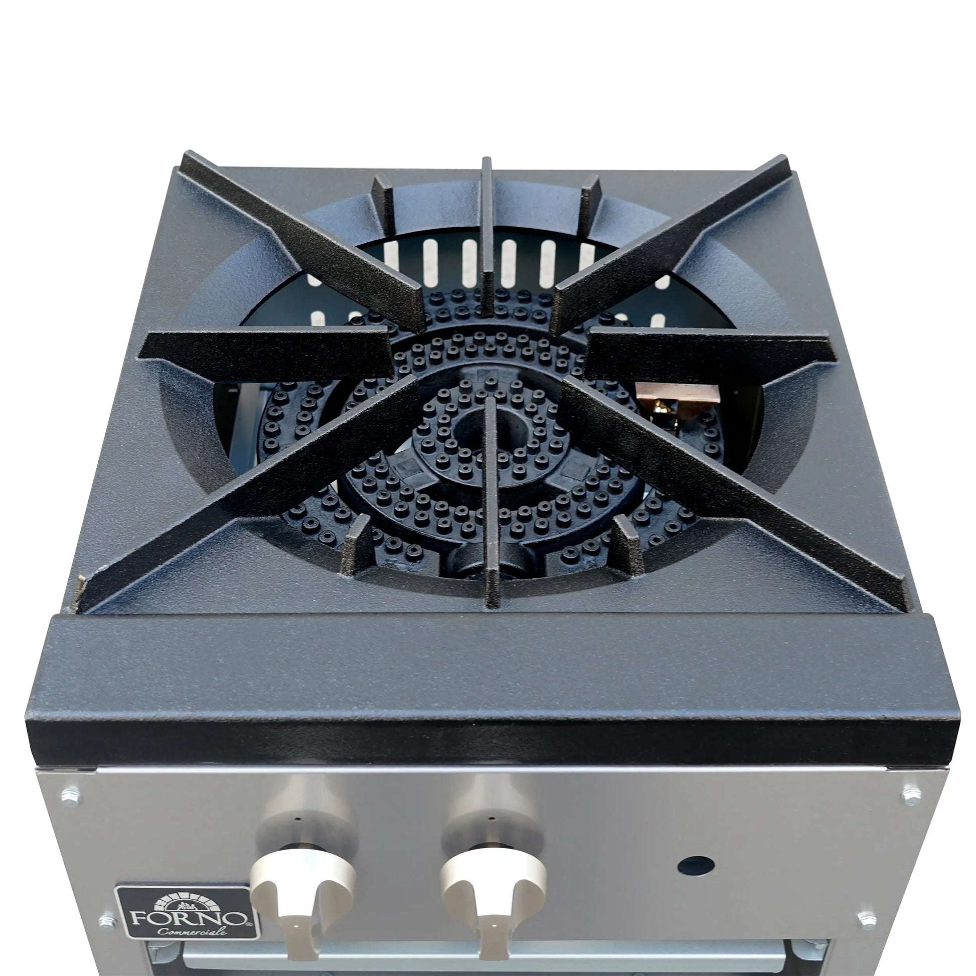 Forno Commerciale gas stock pot range, 1 powerful 3-ring burner, 80,000 BTU, durable stainless steel, heavy-duty cast iron grate FORNO