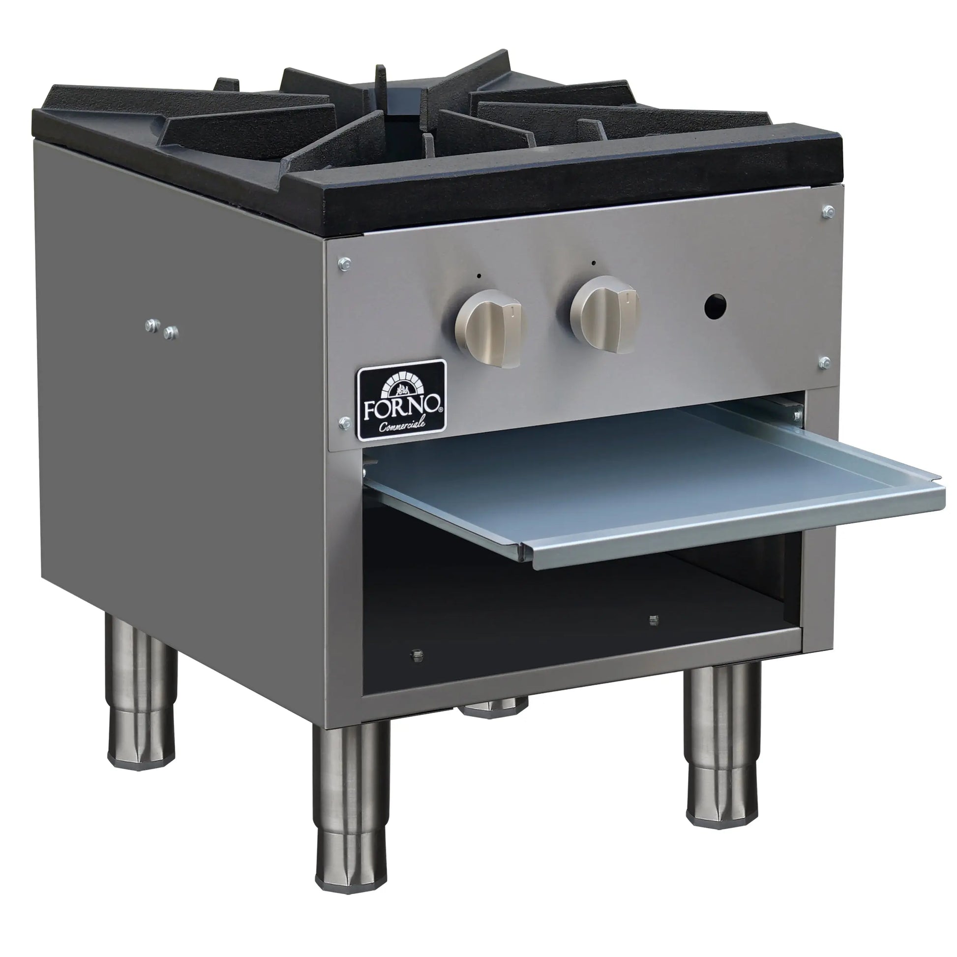 Forno Commerciale gas stock pot range, 1 powerful 3-ring burner, 80,000 BTU, durable stainless steel, heavy-duty cast iron grate FORNO