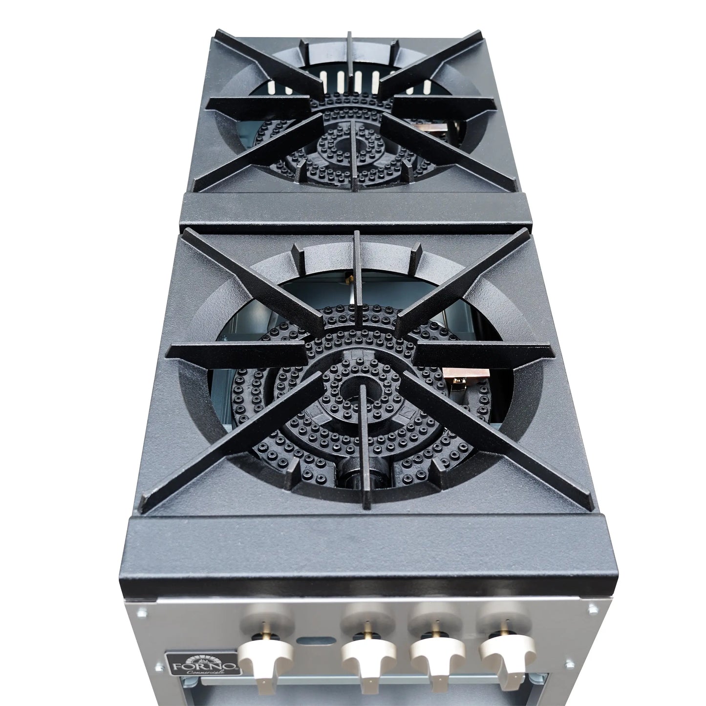 Forno Commerciale gas stock pot range, 2 powerful 3-ring burners, 160,000 BTU, durable stainless steel, heavy-duty cast iron grates FORNO