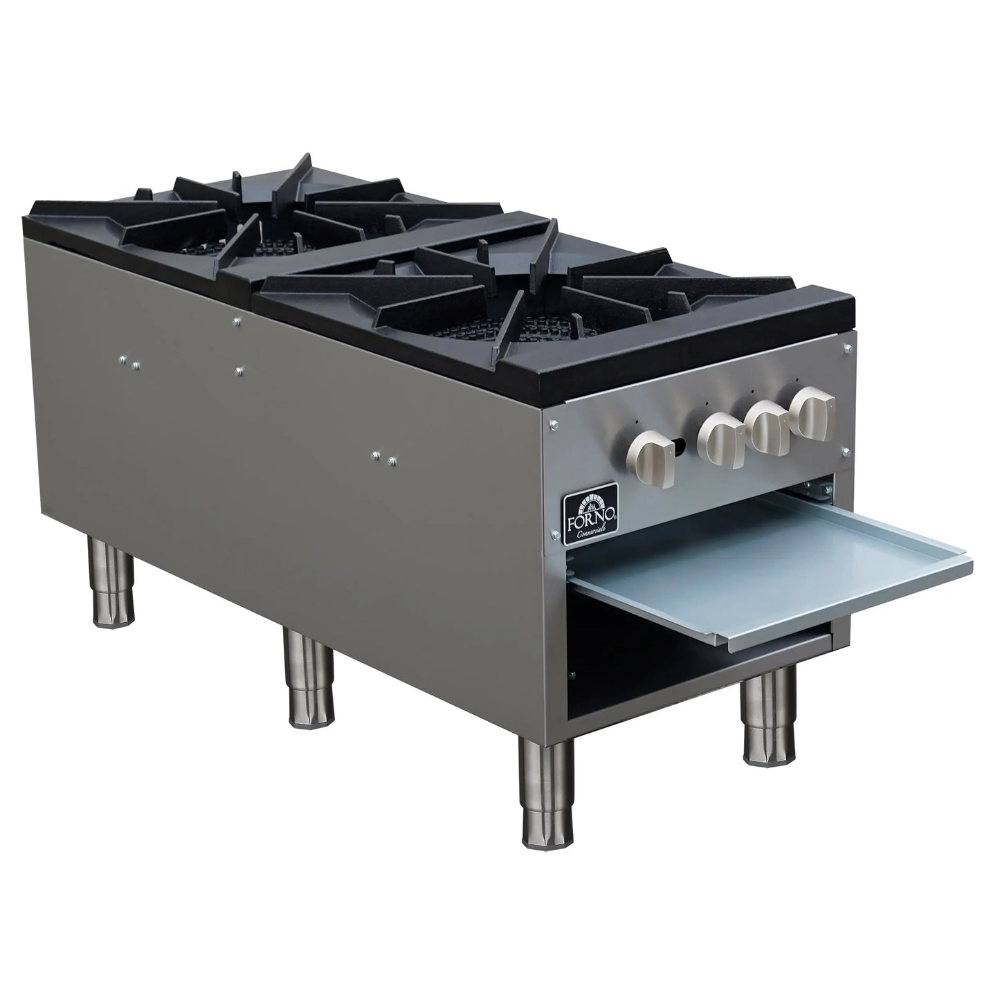 Forno Commerciale gas stock pot range, 2 powerful 3-ring burners, 160,000 BTU, durable stainless steel, heavy-duty cast iron grates FORNO