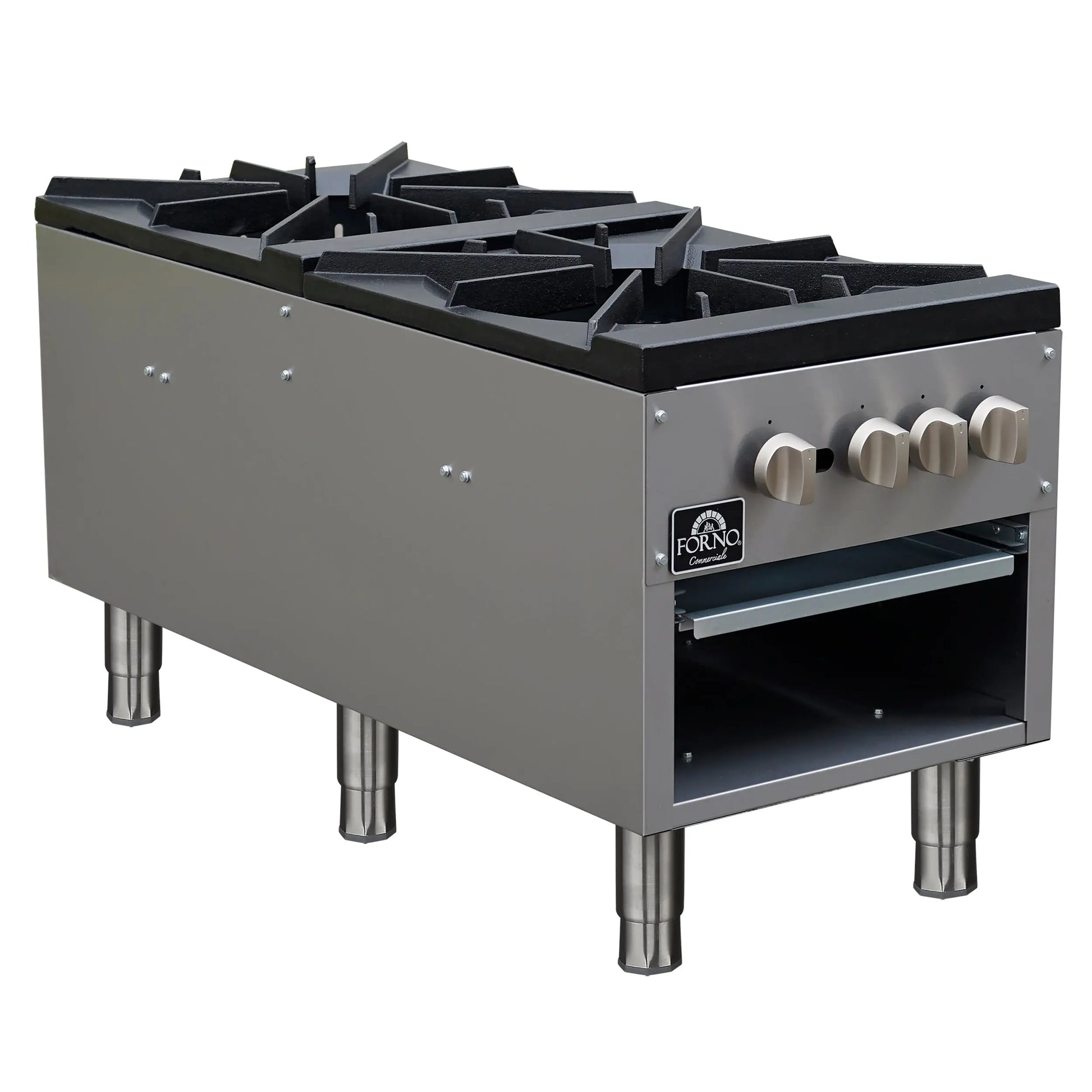 Forno Commerciale gas stock pot range, 2 powerful 3-ring burners, 160,000 BTU, durable stainless steel, heavy-duty cast iron grates FORNO