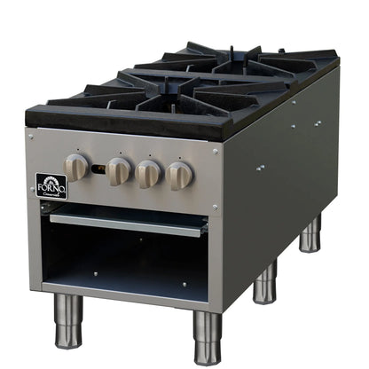 Forno Commerciale gas stock pot range, 2 powerful 3-ring burners, 160,000 BTU, durable stainless steel, heavy-duty cast iron grates FORNO