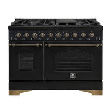 Forno Antico 48-Inch Dual Fuel Range, Black with Antique Brass Finish, 8 Burners, 94,000 BTU, 5.5 cu.ft. Double Ovens & Griddle