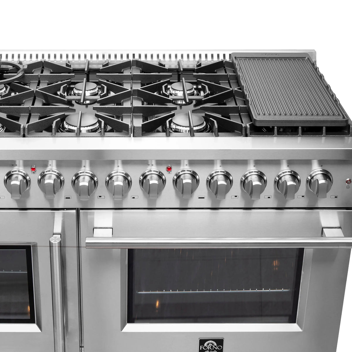 FORNO Galiano 48-Inch French Door Dual Fuel Range All Stainless Steel, 8 Sealed Burners, 107,000 BTU, Griddle, 6.58 cu.ft. Double Ovens FORNO
