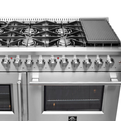 FORNO Galiano 48-Inch French Door Dual Fuel Range All Stainless Steel, 8 Sealed Burners, 107,000 BTU, Griddle, 6.58 cu.ft. Double Ovens FORNO