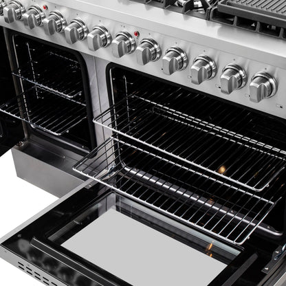 FORNO Galiano 48-Inch French Door Dual Fuel Range All Stainless Steel, 8 Sealed Burners, 107,000 BTU, Griddle, 6.58 cu.ft. Double Ovens FORNO