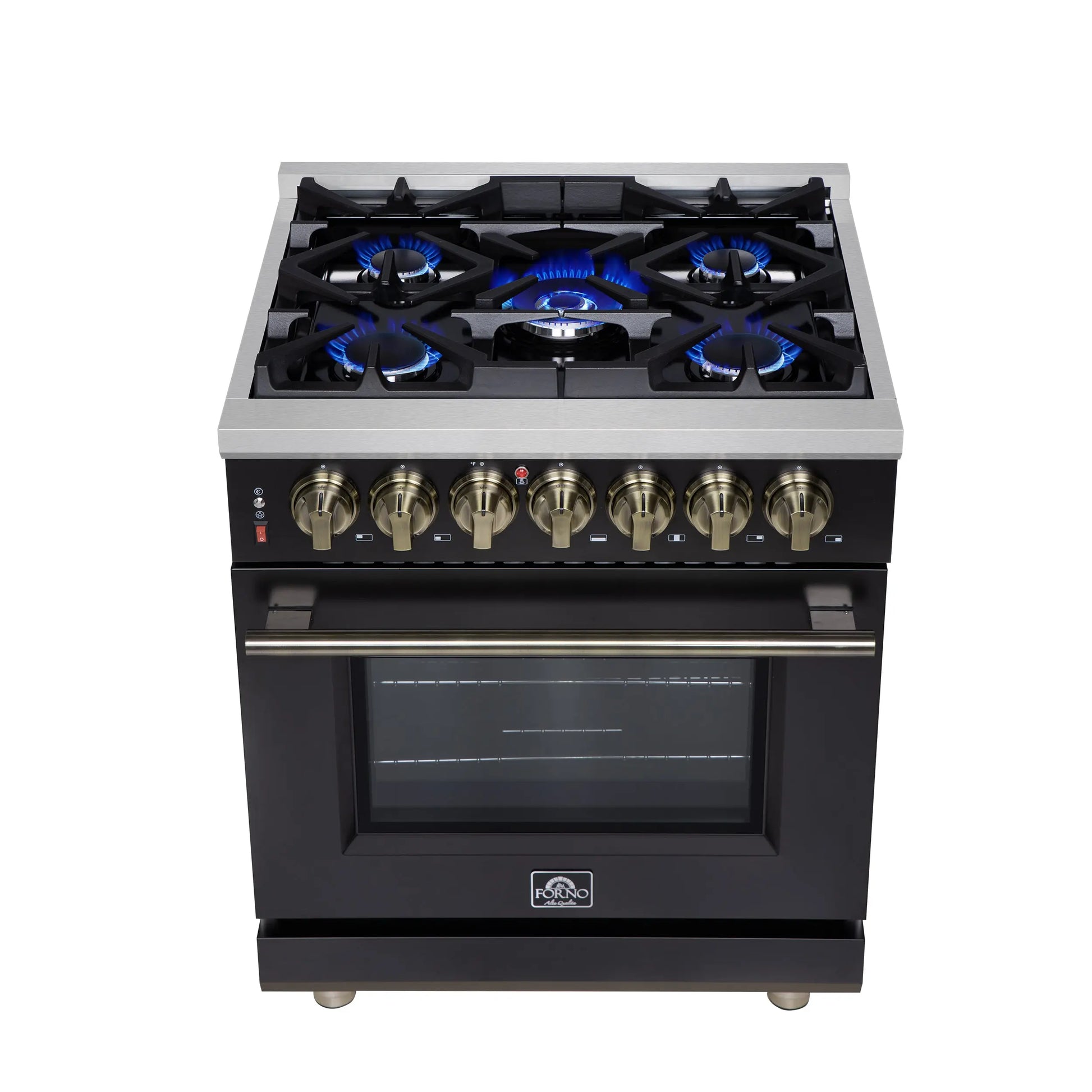 Forno Massimo 30-Inch Freestanding Dual Fuel Range in Black with Antique Brass Accessories, 4 Burners, 4.32 cu. ft. Convection Oven FORNO