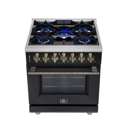 Forno Massimo 30-Inch Freestanding Dual Fuel Range in Black with Antique Brass Accessories, 4 Burners, 4.32 cu. ft. Convection Oven FORNO